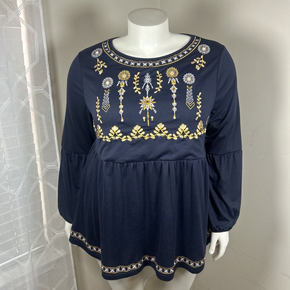 BloomChic Shirt 20 Blue Tunic Peplum Embroidered Boho Earthy Festval Casual